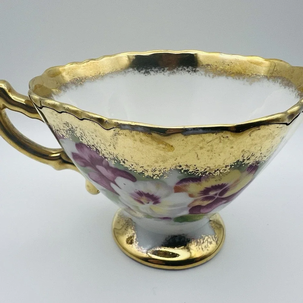 Norcrest Teacup Saucer Gold Encrusted Pansy Floral Footed China Japan Vintage